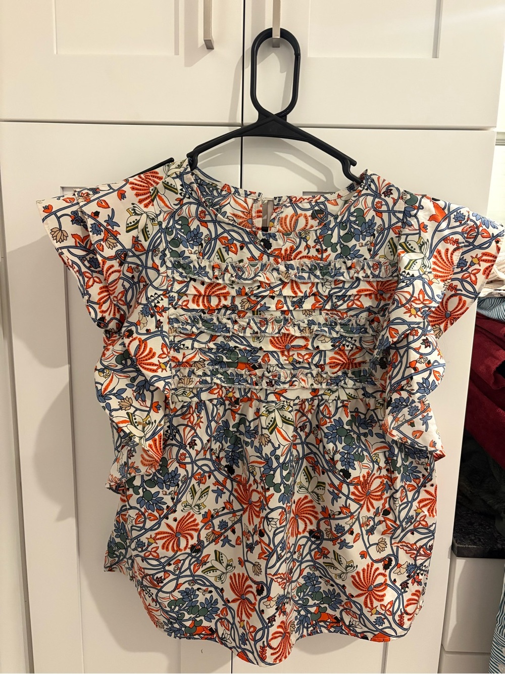 Floral Ruffle Sleeve Women’s Top - White with Orange & Blue Print